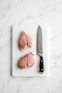 This image shows raw chicken breasts being sliced into even portions, ensuring uniform cooking for the Honey Pepper Pimento Chicken Sandwich.