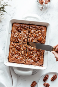 A freshly baked pecan bread being sliced into squares and plated, ready to be enjoyed.