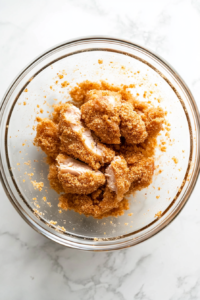 This image shows chicken pieces being dipped into seasoned flour and egg wash, ensuring a crispy and flavorful crust for frying.