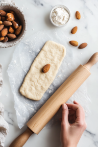 This image shows small portions of chilled cookie dough being scooped and shaped into elongated finger-like forms, preparing for the final detailing.