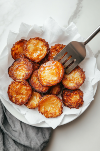 This image shows freshly fried thousand-layer potatoes being transferred onto a paper towel-lined plate to absorb excess oil.