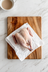 This image shows a raw turkey breast being patted dry with a paper towel to remove excess moisture, ensuring better seasoning adherence.