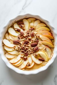 This image shows the thick batter being spread evenly over the cinnamon-coated apple slices, ensuring a golden and flavorful crust forms while baking.