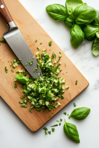 This image shows fragrant fresh basil leaves being finely chopped on a cutting board, ready to add a burst of herbal freshness to the tomato burrata salad.