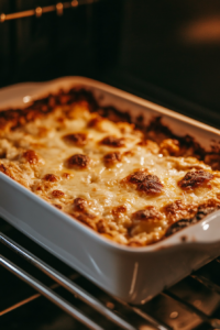 This image shows the breakfast casserole uncovered in the oven at 325°F for the final stage of baking, allowing the cheese to turn golden brown and slightly crispy on top.