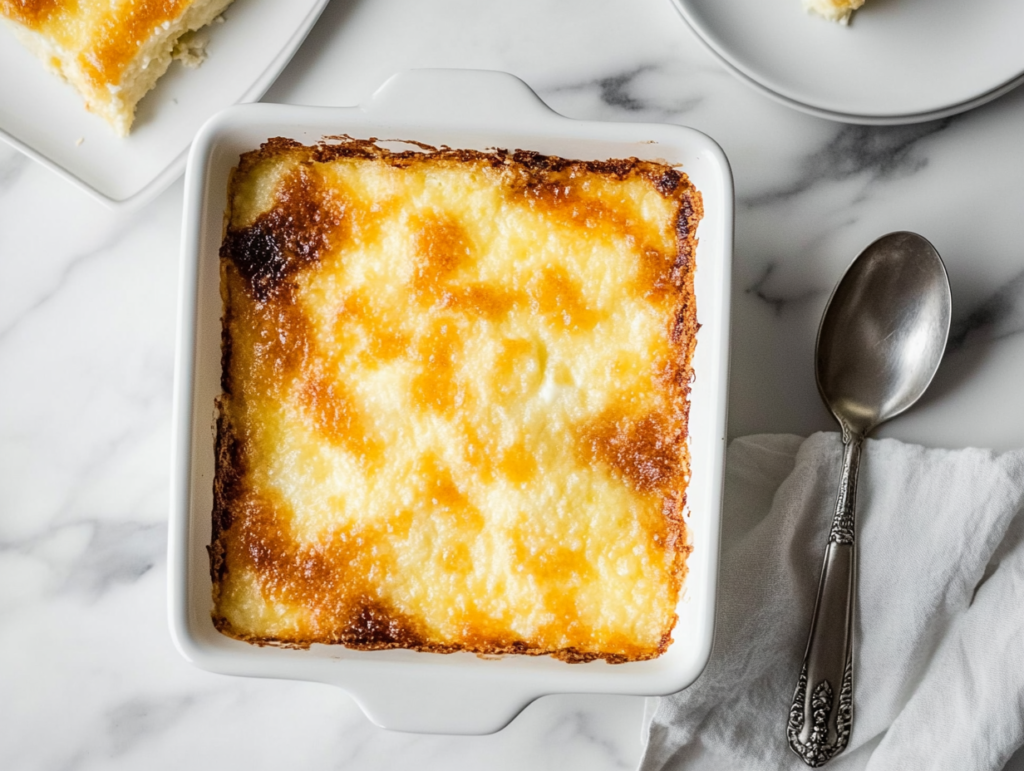 This image shows a freshly baked Four-Ingredient Cheese Dump Cake in a rectangular baking dish, with a thin layer of butter melted over the golden cake mix topping.