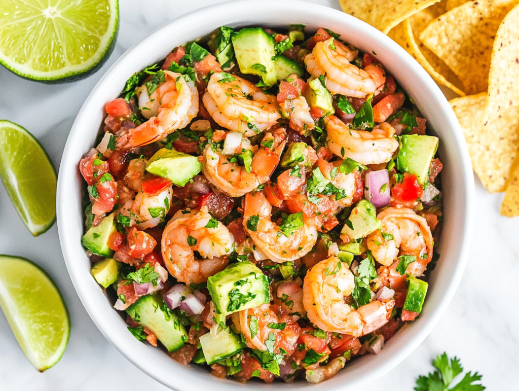 This image shows a white bowl filled with freshly made Avocado Shrimp Salsa, featuring diced cucumbers, tomatoes, onions, and avocados, mixed with seasoned shrimp and garnished with cilantro for a bright and refreshing dish.