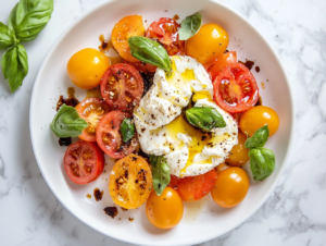 This image shows a beautifully plated tomato burrata salad, featuring vibrant heirloom and cherry tomatoes, creamy burrata, and fresh basil, seasoned with salt and pepper, then drizzled with olive oil and balsamic vinegar.