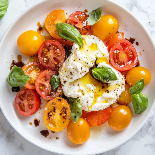 This image shows a beautifully plated tomato burrata salad, featuring vibrant heirloom and cherry tomatoes, creamy burrata, and fresh basil, seasoned with salt and pepper, then drizzled with olive oil and balsamic vinegar.