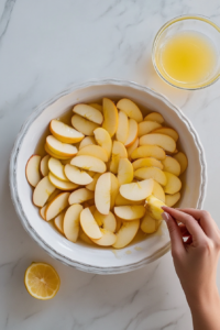 This image shows apple slices in a pie dish being dusted with a warm blend of cinnamon and sugar, adding a touch of sweetness and spice.