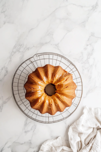 This image shows the pound cake resting on a wire rack, allowing it to cool completely before glazing.