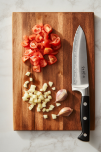 This image shows fresh tomatoes being diced into small cubes and garlic being finely minced on a cutting board, preparing key ingredients for the sauce of creamy shrimp rigatoni.