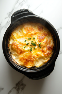 This image shows the scalloped potatoes fully cooked in the Crockpot, with a bubbly, golden cheesy topping and tender, creamy potatoes underneath.