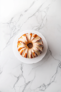 This image shows the fully glazed pound cake, beautifully coated and ready to be sliced and enjoyed.