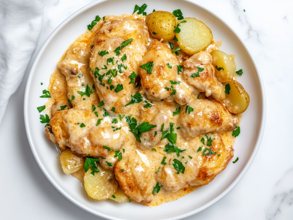 This image shows a plate of Garlic Parmesan Chicken Potatoes served on a round white plate, topped with melted mozzarella and Parmesan cheese, chopped cilantro, and coated in a rich, creamy gravy.