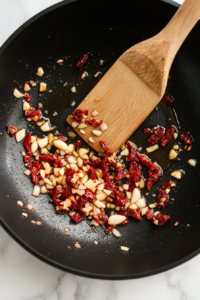 This image shows minced garlic and chopped sun-dried tomatoes sizzling in a skillet, infusing the oil with their rich aroma