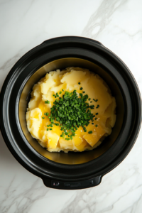 This image shows mashed potatoes being garnished with chopped green onions and black pepper for added freshness and flavor.