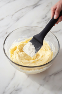 This image shows flour and baking powder being carefully folded into the mixture to create a light and fluffy texture in the baked dish.