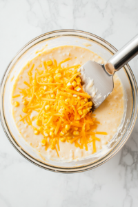 This image shows sweet corn kernels and shredded cheddar cheese being gently folded into the cornbread batter, adding texture and flavor.