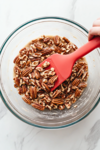 A bowl of batter with toasted pecans being gently folded in, adding crunch and nutty flavor to the pecan bread.