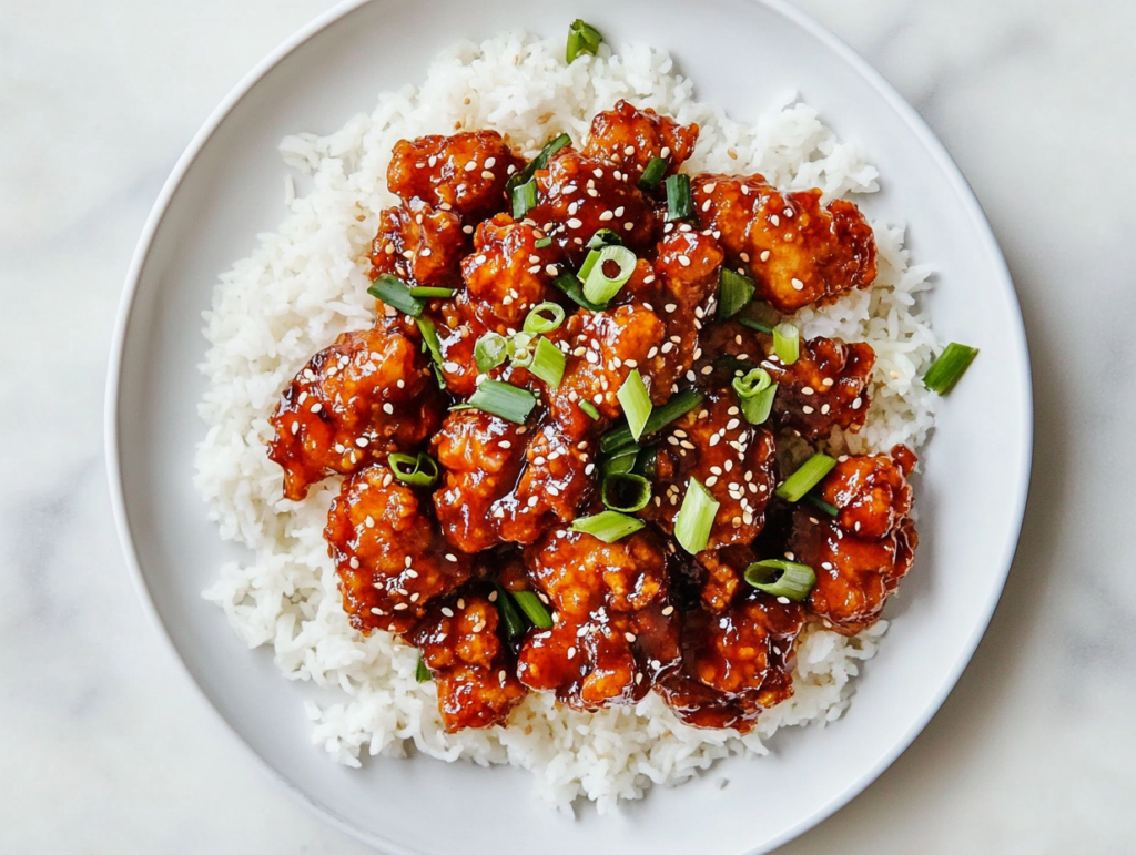 This image shows a plate of golden-brown Chang’s Spicy Chicken, coated in a glossy, flavorful sauce and garnished with white sesame seeds and fresh chopped green onions.