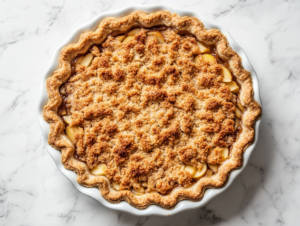 This image shows a golden-brown apple crumb pie on a white round plate, with the crumb mixture beautifully layered over the apples, creating a tempting, crispy finish.