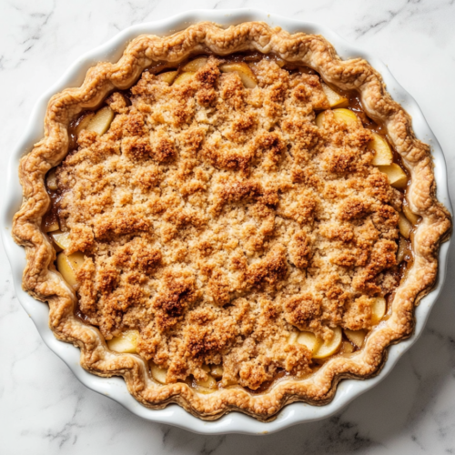 This image shows a golden-brown apple crumb pie on a white round plate, with the crumb mixture beautifully layered over the apples, creating a tempting, crispy finish.