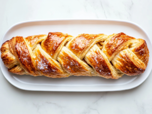 This image shows a golden-brown braided apple puff pastry with a glossy egg wash brushed on top for shine, creating a beautiful and appetizing finish.