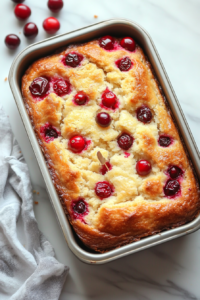 This image shows the cranberry orange loaf baking in the oven, turning golden brown as it rises and fills the kitchen with a delightful citrus aroma.