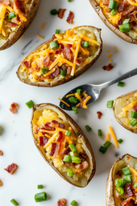 This image shows twice-baked potatoes fresh from the oven, golden brown and bubbling with cheese, ready to be served.