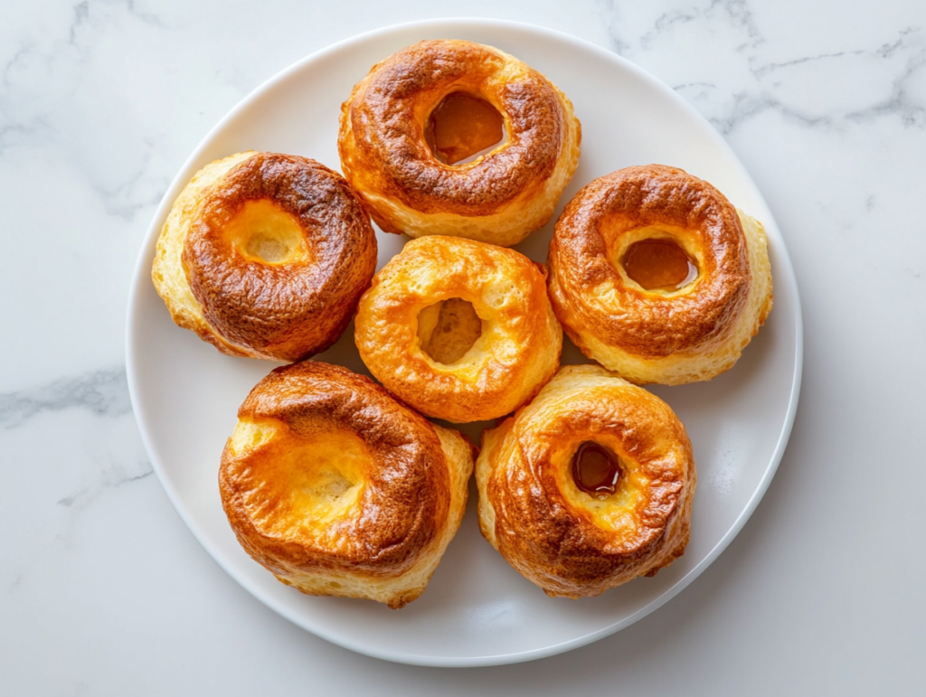 This image shows a perfectly golden brown Yorkshire pudding in a round shape, served on a simple white plate, highlighting its crisp exterior and soft, airy interior.