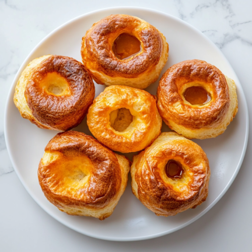 This image shows a perfectly golden brown Yorkshire pudding in a round shape, served on a simple white plate, highlighting its crisp exterior and soft, airy interior.