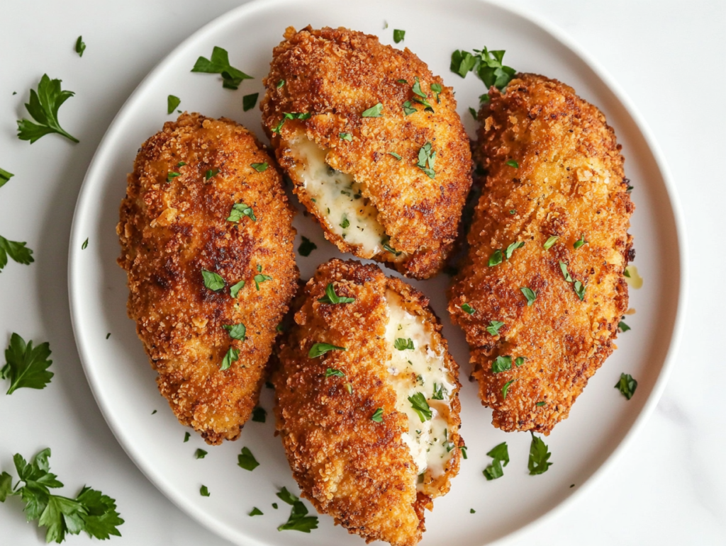 This image shows a perfectly air-fried Chicken Kiev with a crispy golden brown crust, revealing a rich, buttery cheese-filled center, garnished with freshly chopped cilantro on a white round plate.