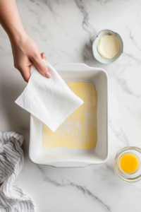 This image shows a glass baking dish being lightly greased with butter or cooking spray, ensuring the breakfast casserole does not stick during baking.