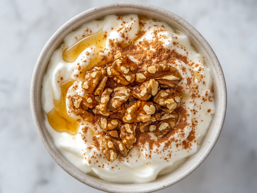 This image shows a bowl of creamy Greek yogurt topped with golden honey drizzle and chopped walnuts, creating a simple yet delicious dessert with a rich and nutty flavor.