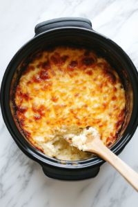 This image shows the hashbrown casserole after cooking in the slow cooker, golden and bubbling, and ready to be served for a comforting meal.