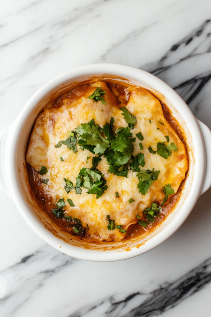 This image shows hearty chicken enchiladas smothered in sauce, topped with freshly chopped cilantro, and served in a white round bowl.