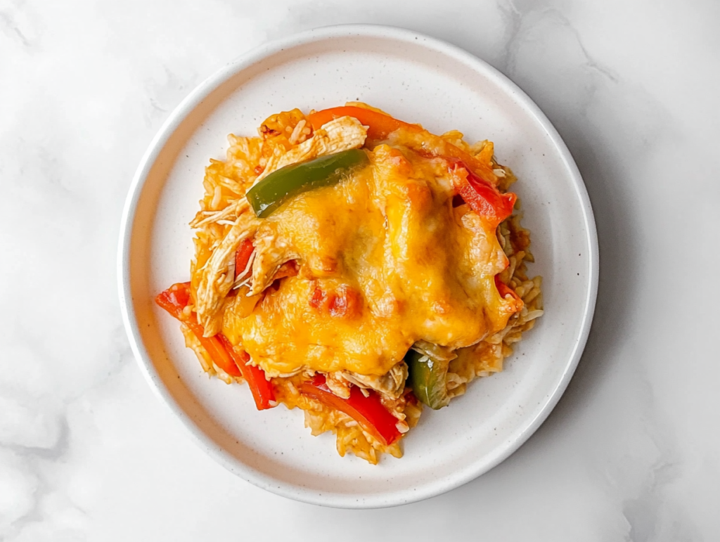 This image shows a serving of cheesy, golden-baked chicken fajita casserole on a white round plate, filled with tender chicken, bell peppers, and a rich, creamy sauce.