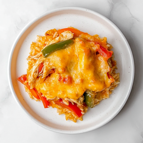 This image shows a serving of cheesy, golden-baked chicken fajita casserole on a white round plate, filled with tender chicken, bell peppers, and a rich, creamy sauce.