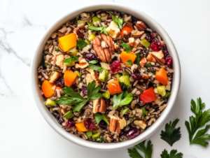 This image shows a baking sheet lined with parchment paper, ready for roasting nuts or vegetables to enhance the flavor of wild rice pilaf.