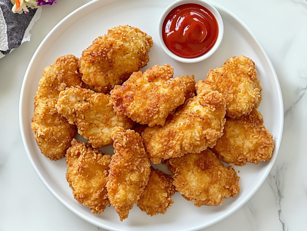 This image showcases crispy, golden-brown homemade KFC-style fried chicken, served on a white round plate with a side of ketchup in a small bowl.