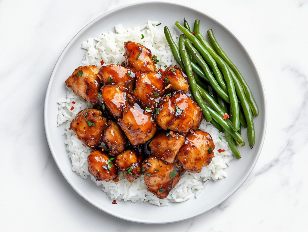 This image shows tender jerk chicken pieces with a smoky, flavorful crust, served alongside fluffy rice and garnished with fresh cilantro.