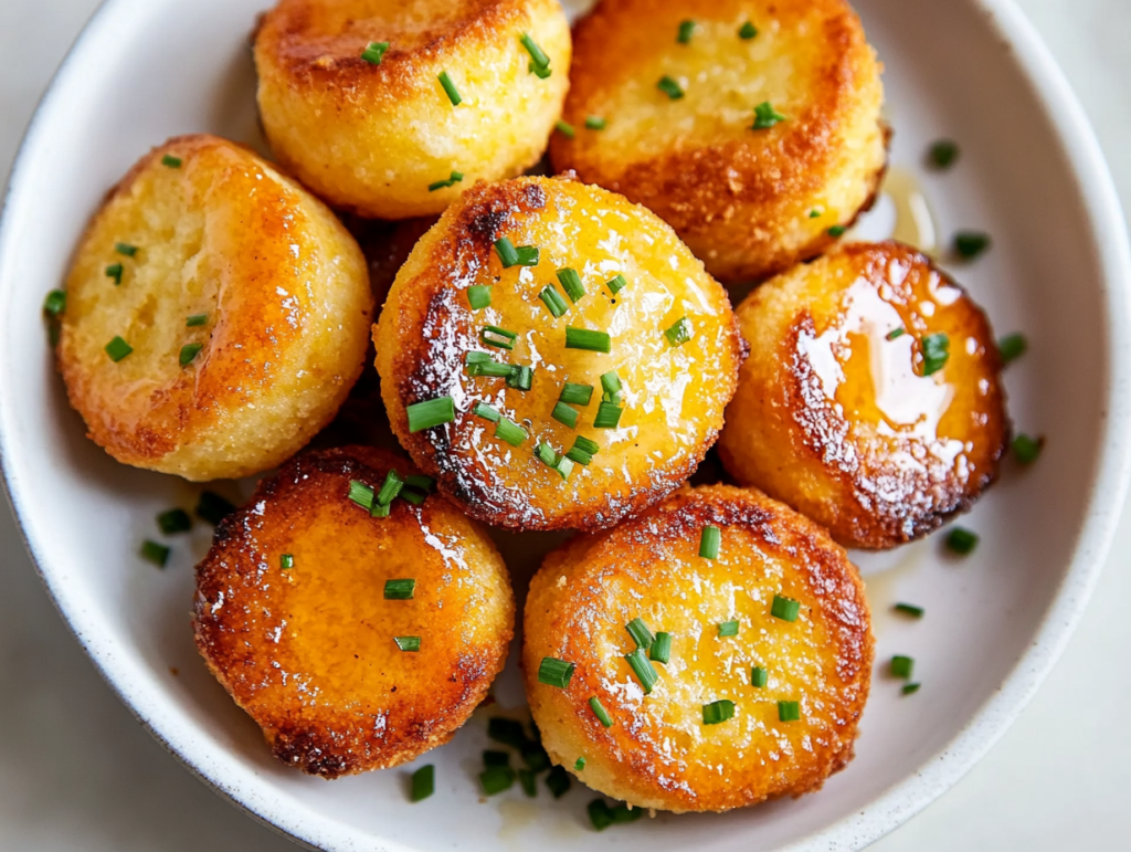 This image shows a plate of round honey butter cornbread poppers, perfectly glazed with a golden sheen, ready to be served on a white plate.