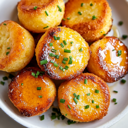 This image shows a plate of round honey butter cornbread poppers, perfectly glazed with a golden sheen, ready to be served on a white plate.