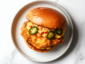 This image shows a Honey Pepper Pimento Chicken Sandwich arranged with sliced jalapeños on the bottom bun, topped with a crispy chicken breast, all placed on a plate.