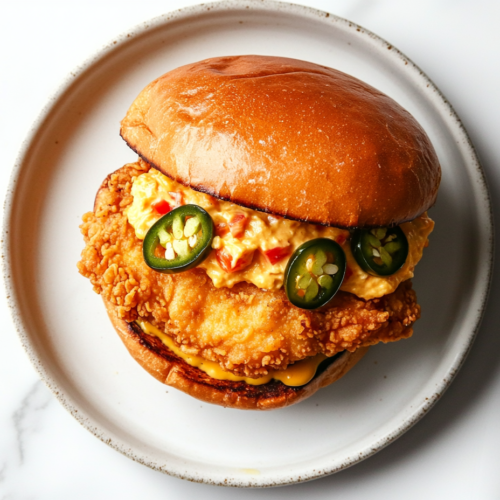 This image shows a Honey Pepper Pimento Chicken Sandwich arranged with sliced jalapeños on the bottom bun, topped with a crispy chicken breast, all placed on a plate.