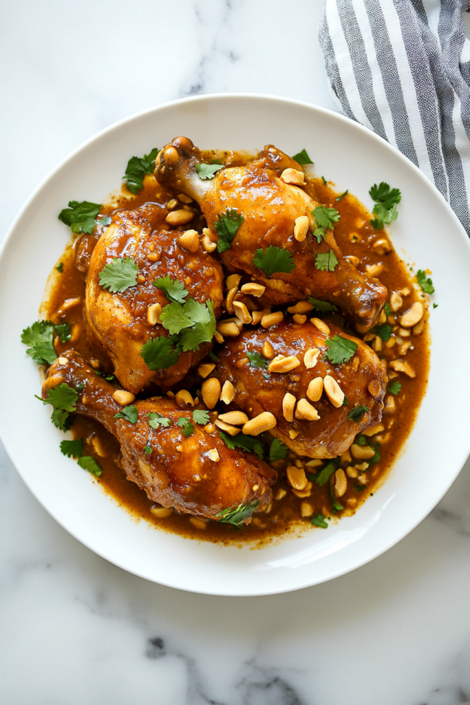 This image shows flavorful Indonesian peanut chicken, garnished with crunchy peanuts and a sprinkle of fresh cilantro, served on a white round plate.