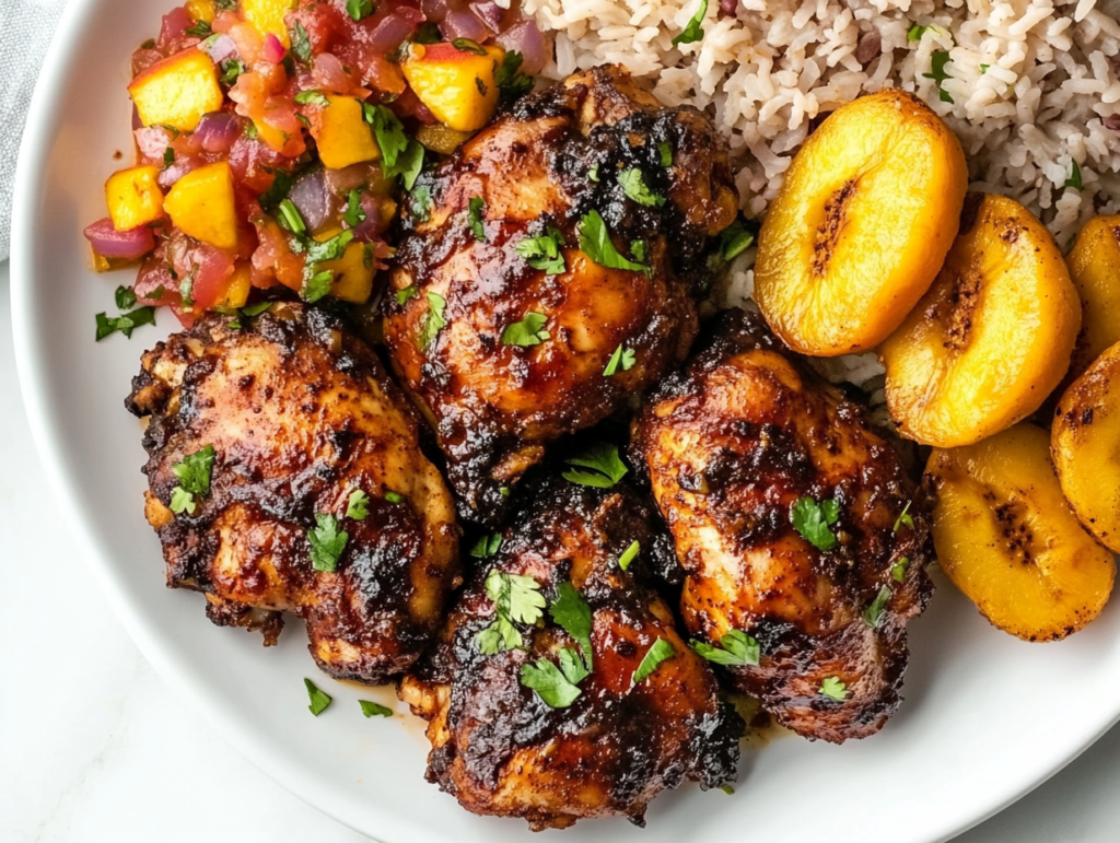 This image shows tender jerk chicken pieces with a smoky,