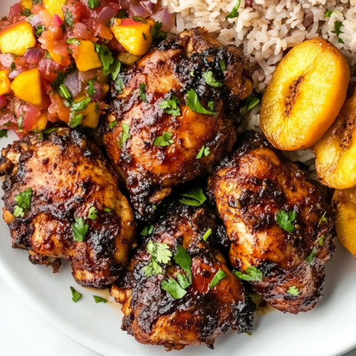 This image shows tender jerk chicken pieces with a smoky,