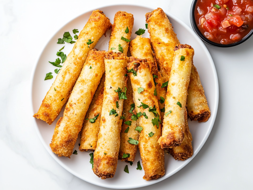 This image shows a plate of crispy, golden brown potato taquitos, each filled with a seasoned mashed potato mixture, tightly rolled in tortillas and fried to perfection.